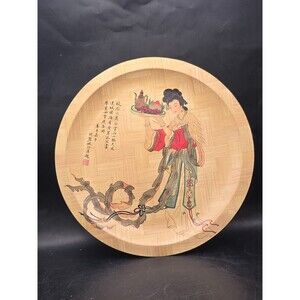 Vintage Decorative Bamboo Plate Goddess of the Moon Geisha Taiwan Chinese 1964